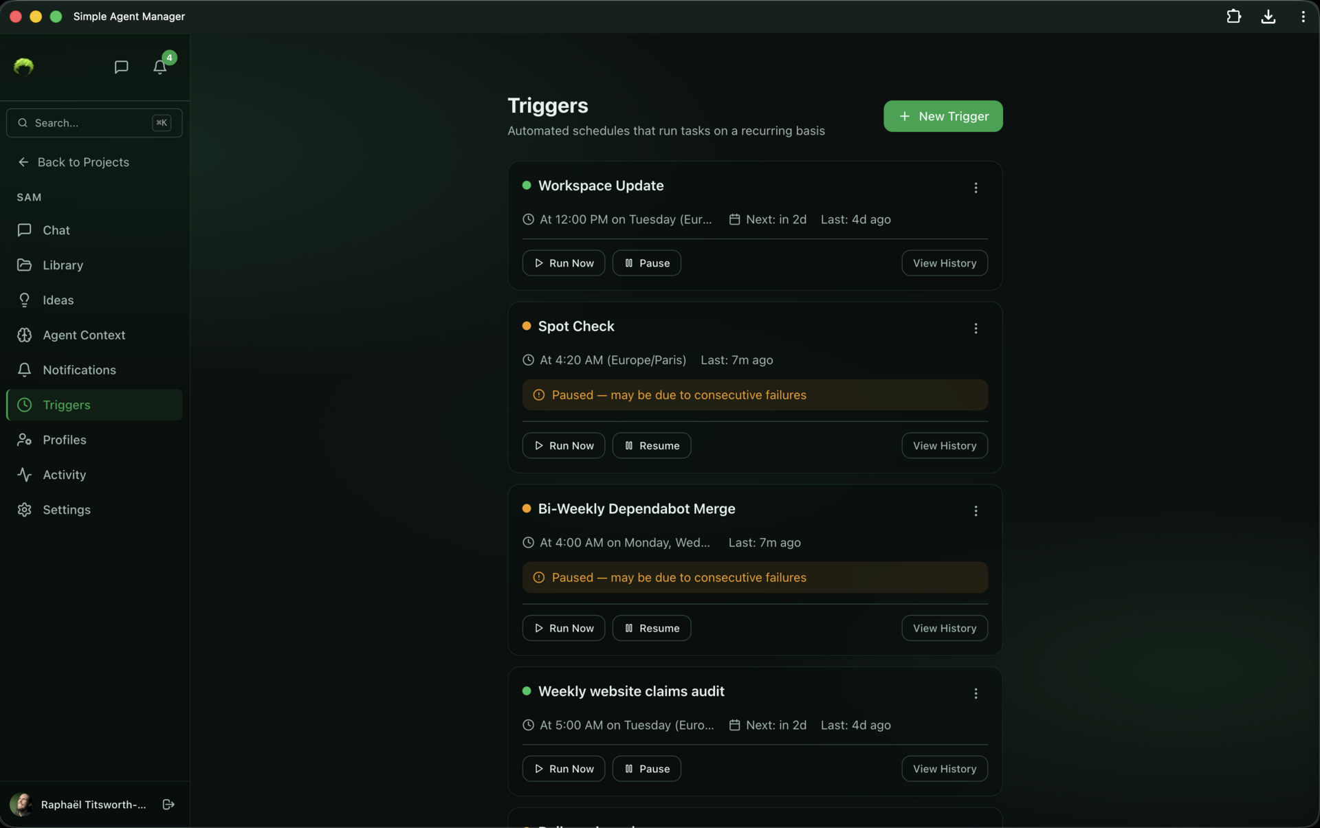 Triggers page with four scheduled tasks — Workspace Update, Spot Check, Bi-Weekly Dependabot Merge, Weekly website claims audit — showing run/pause controls and timing