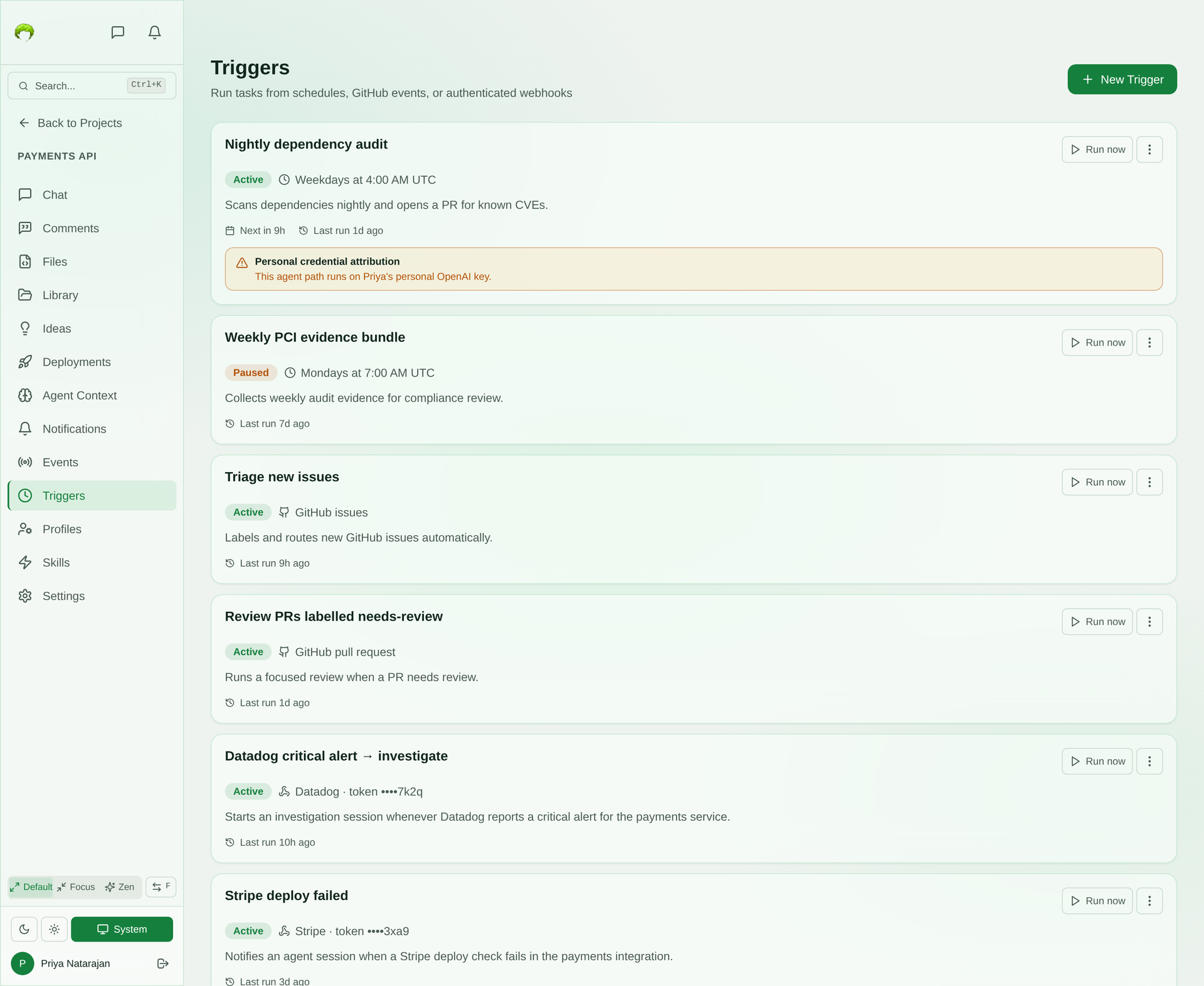 Triggers page listing cron, GitHub, and webhook triggers with their status, schedule, last and next run times, and a personal-credential attribution warning on one trigger