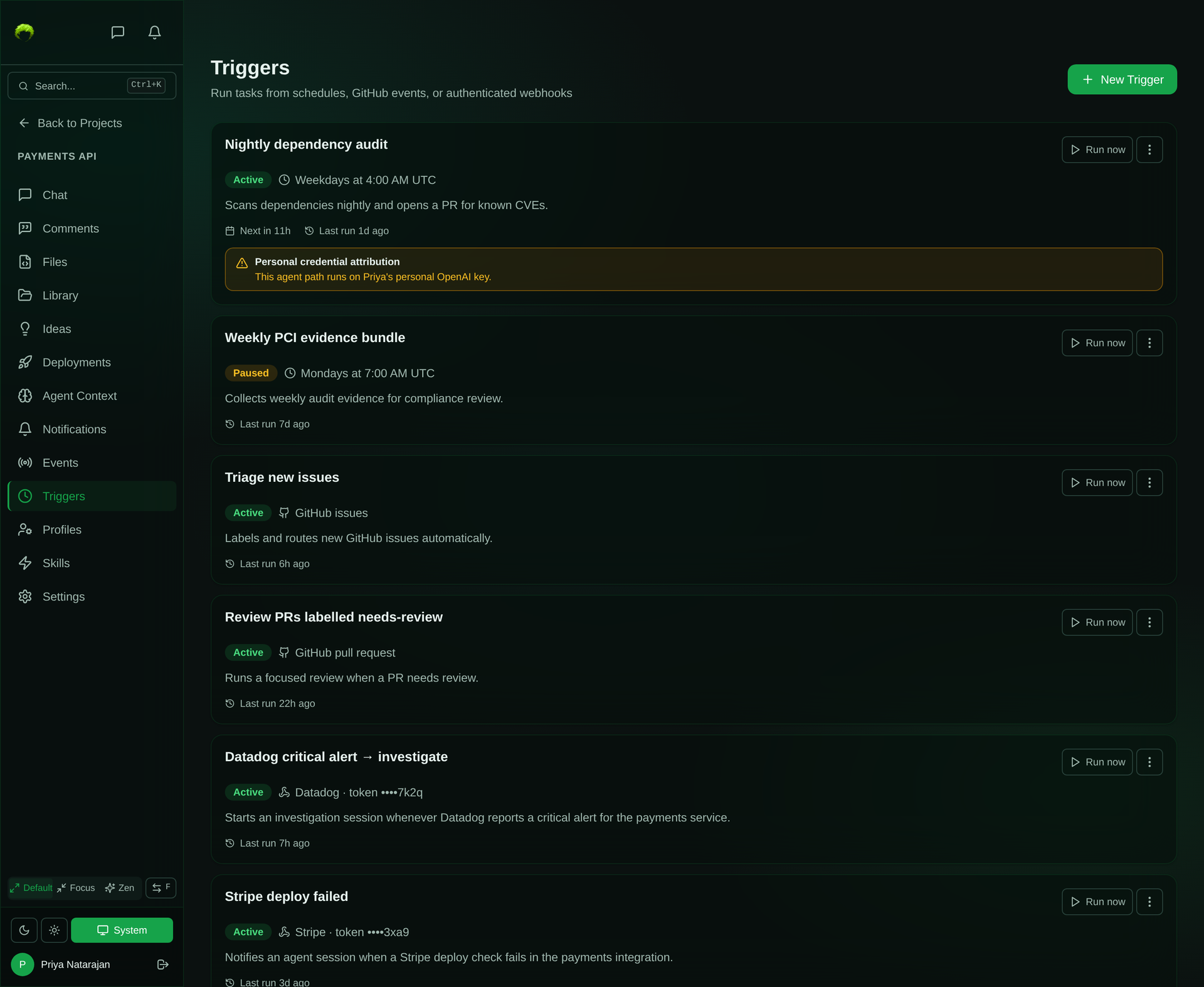 Triggers page listing cron, GitHub, and webhook triggers with their status, schedule, last and next run times, and a personal-credential attribution warning on one trigger