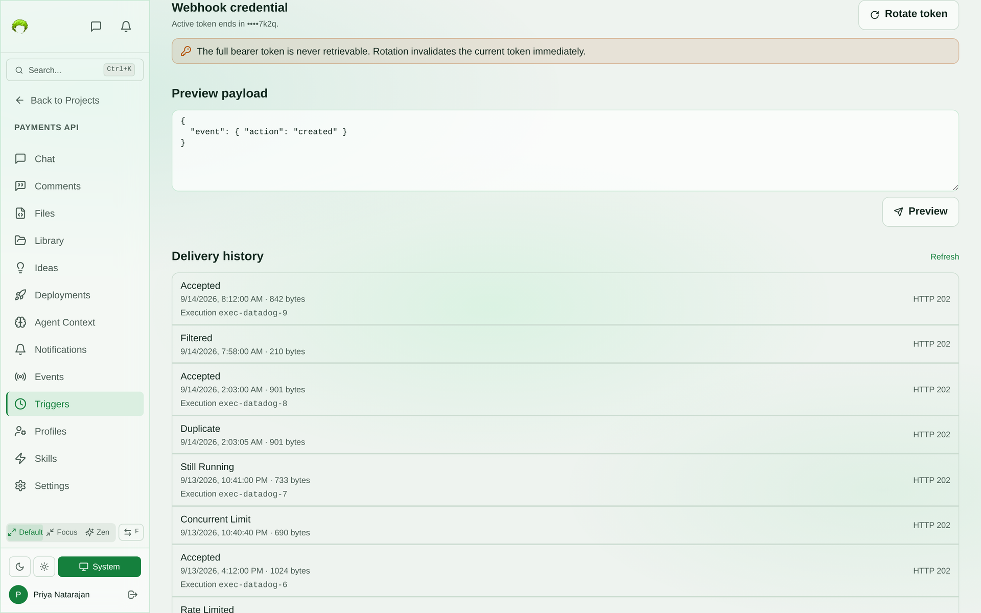 Webhook trigger detail showing the active token’s last four characters with a Rotate token button, a payload preview, and a delivery history with Accepted, Filtered, Duplicate, Still Running, and Concurrent Limit outcomes