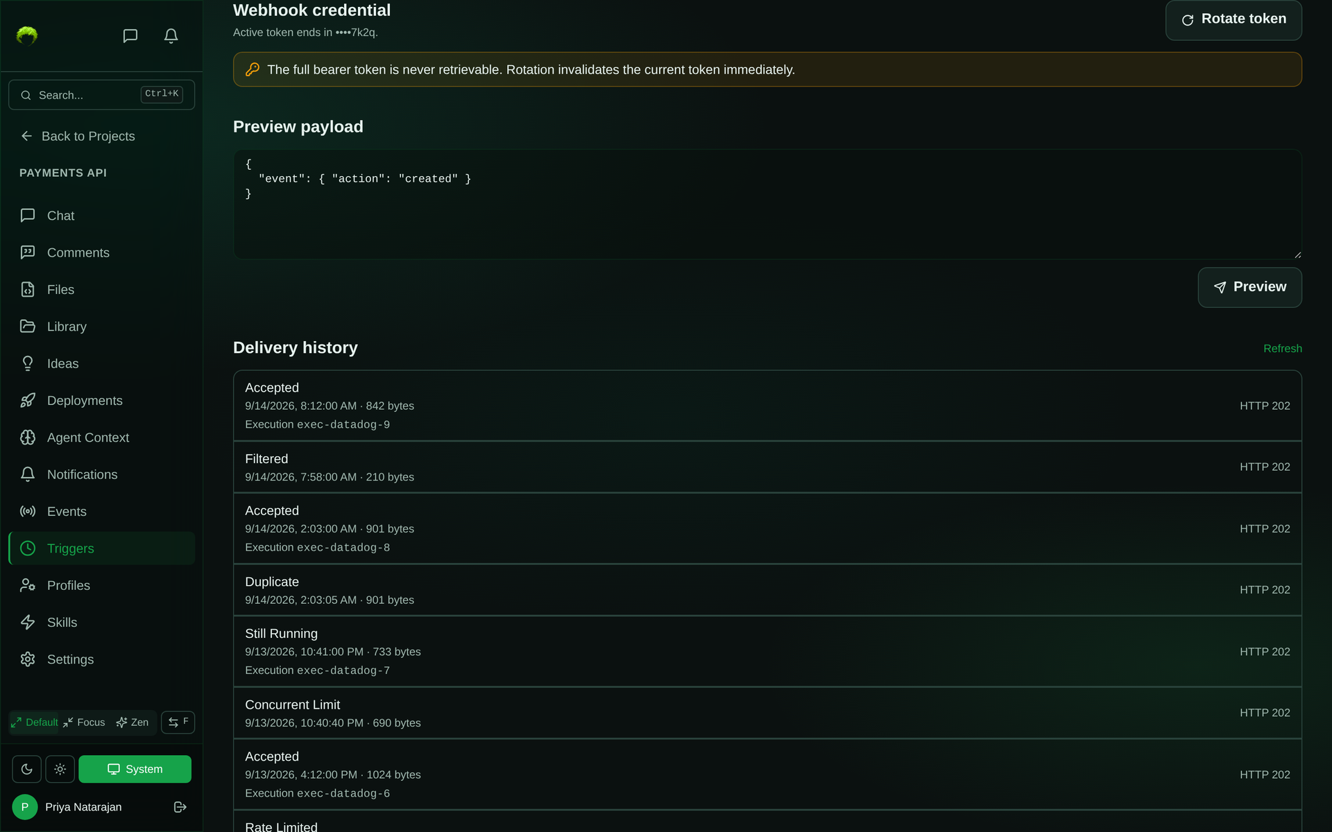Webhook trigger detail showing the active token’s last four characters with a Rotate token button, a payload preview, and a delivery history with Accepted, Filtered, Duplicate, Still Running, and Concurrent Limit outcomes